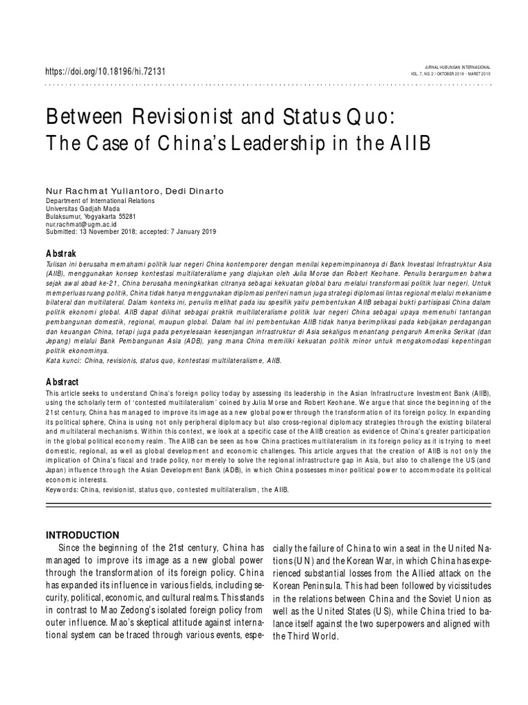 Between Revisionist and Status Quo The Case of China's Leadership in