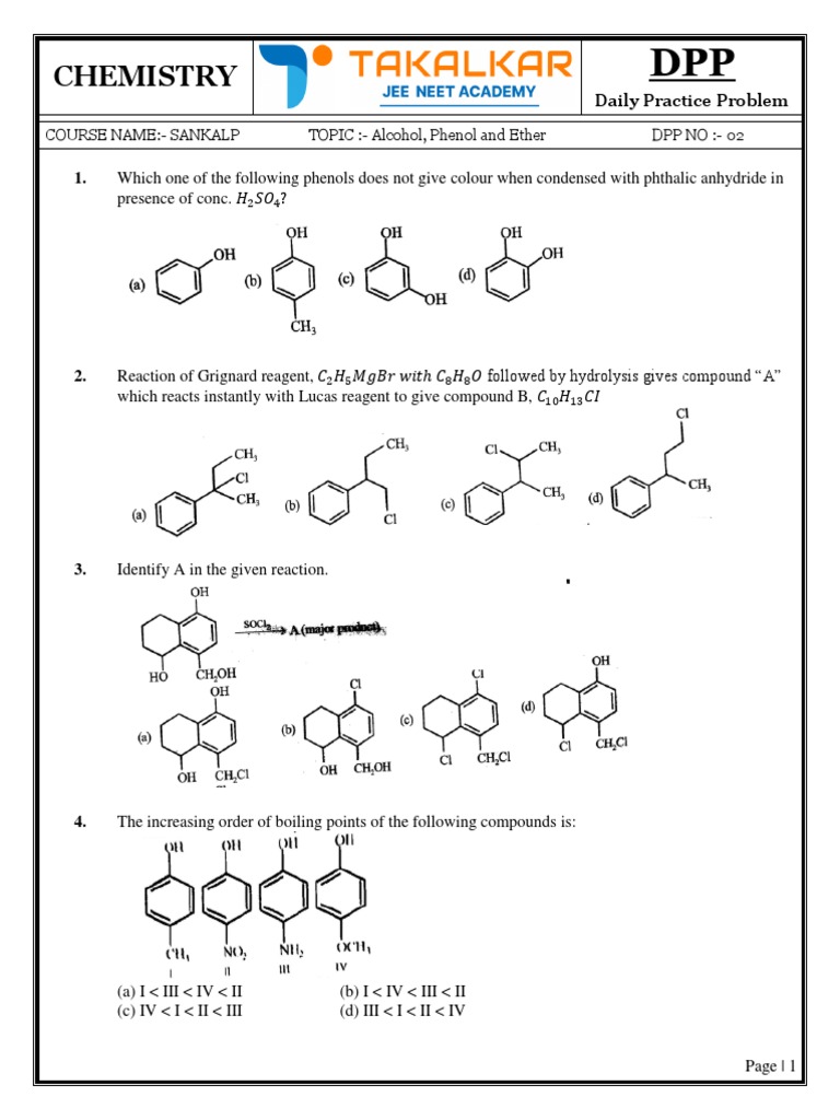 Alcohols, Phenols, and Ethers DPP | PDF | Ether | Carbon Compounds