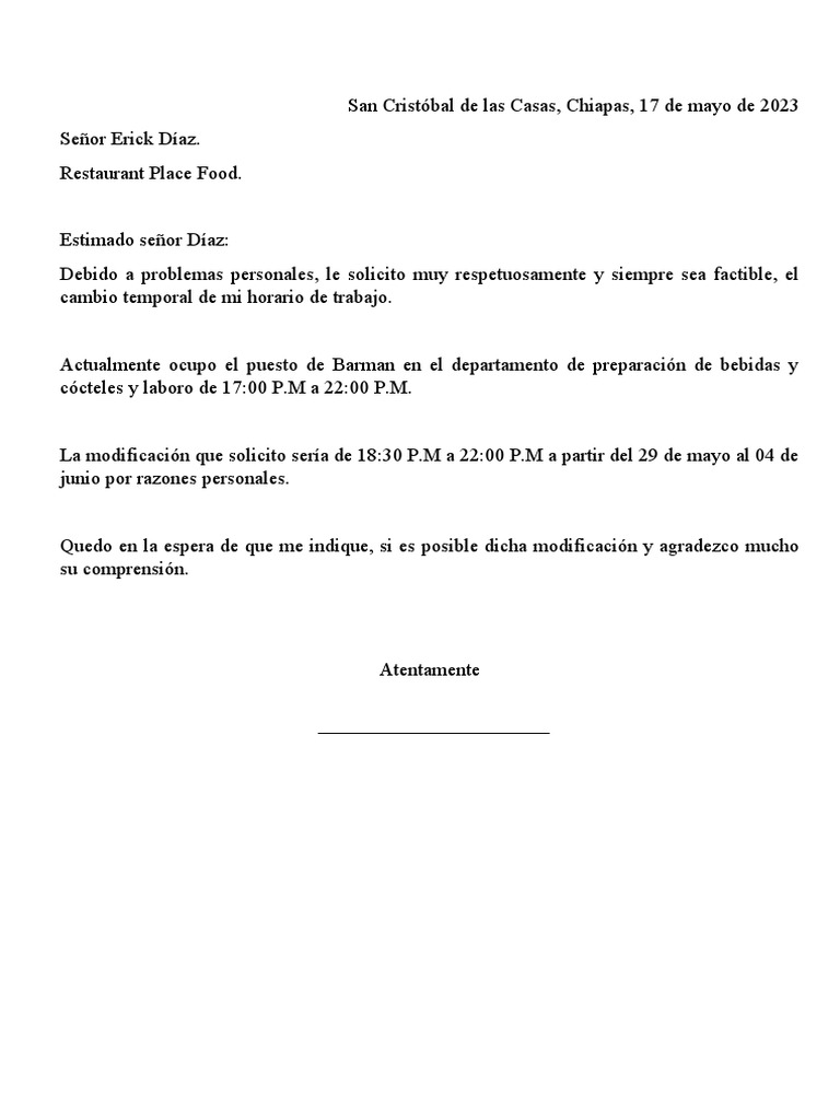 Carta Para Solicitar Un Cambio Temporal Del Horario de Trabajo | PDF