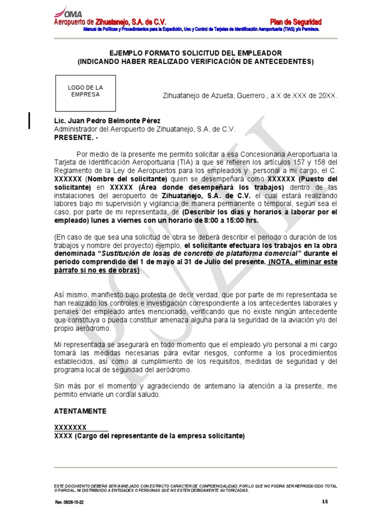 Formato Del Empleador de Solicitud de Tia Rev 08 | PDF | Aeropuerto ...