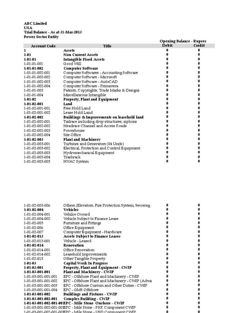 Chart Of Accounts Trial Balance 