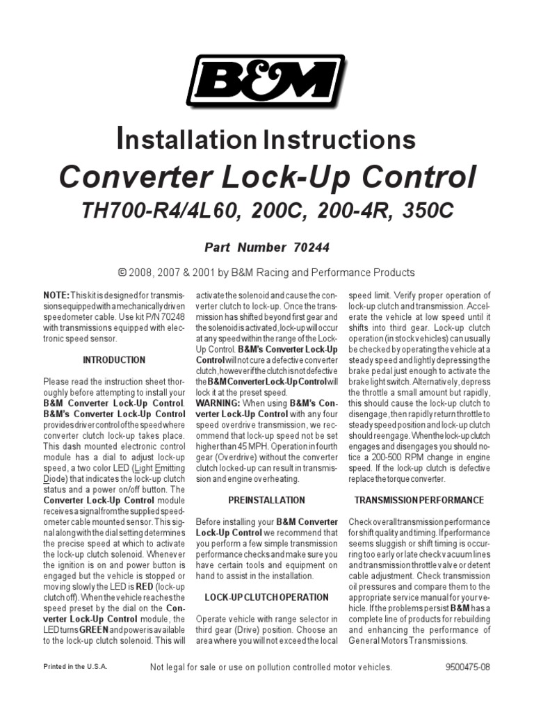 B & M Transmission LockUp Converter Control PDF Clutch