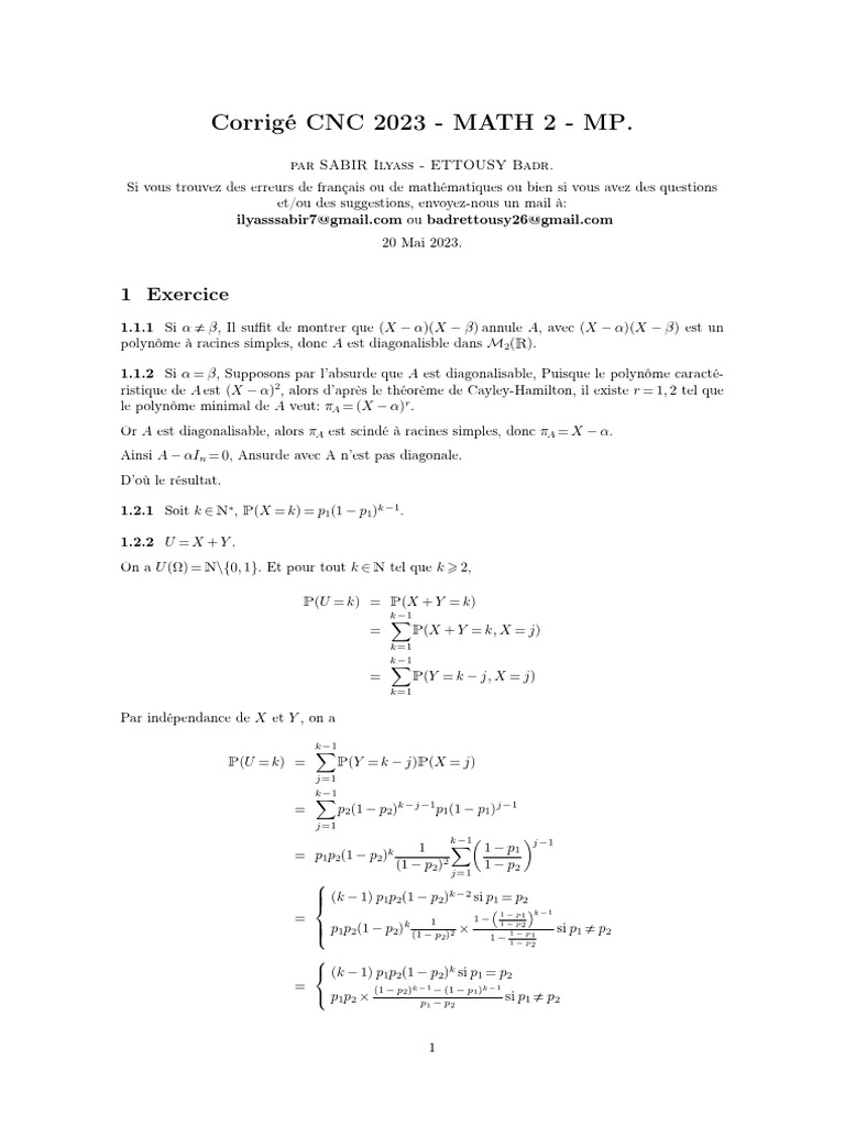 Corrigé CNC 2023 - Mathématiques 2 MP | PDF