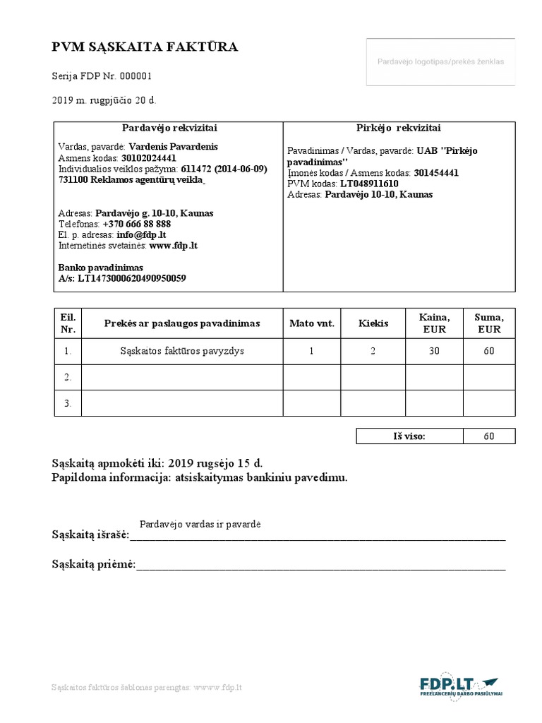 Saskaita Faktura Pavyzdys Laisvai Samdomam Darbuotojui 2020 WWW - FDP ...