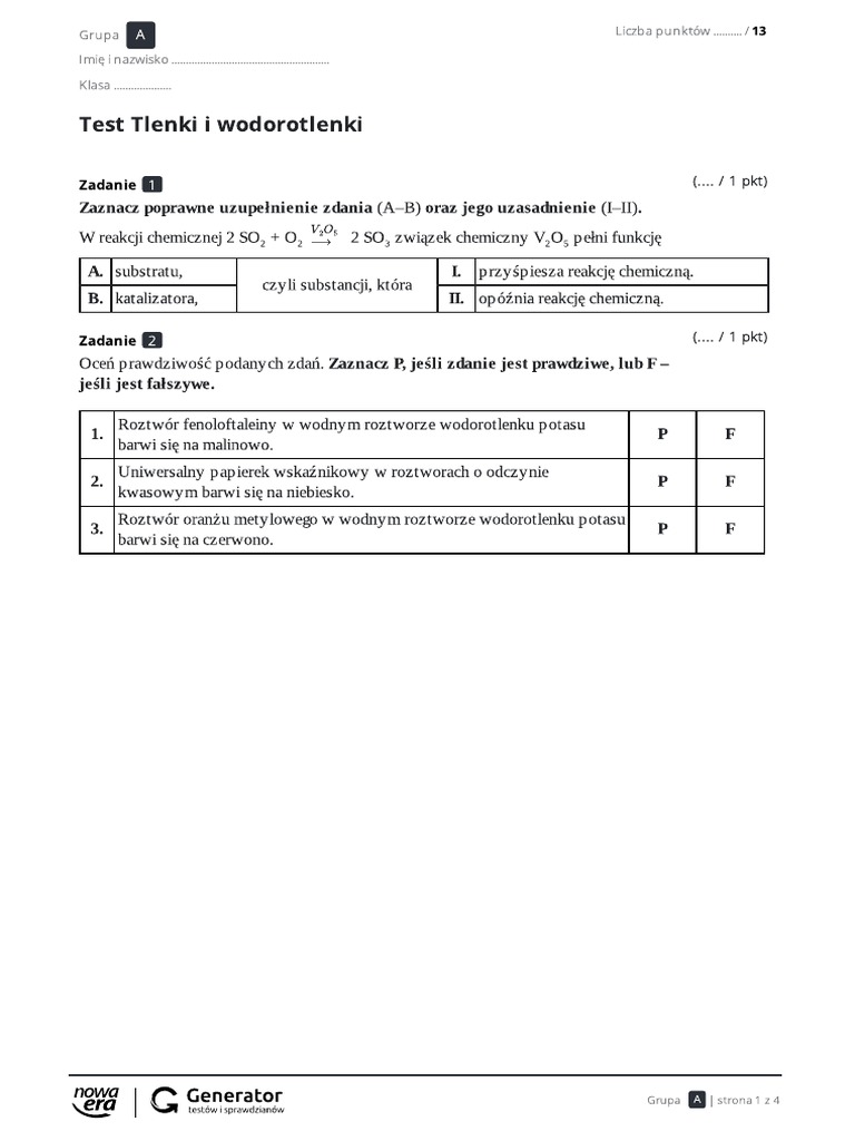 Tlenki I Wodorotlenki Klasa 7 Tlenki I Wodorotlenki Test | PDF