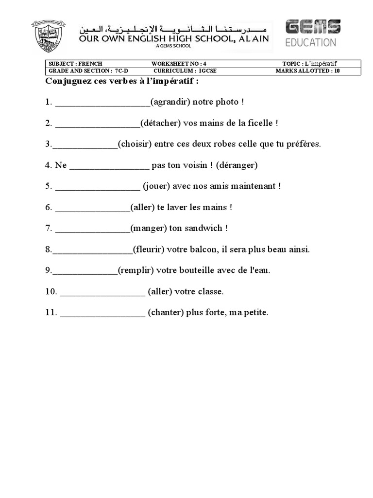 L'Impératif en Français : Exercices 7C-D | PDF