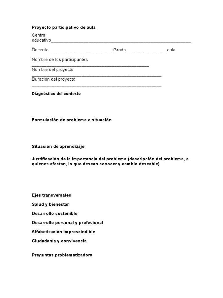 Plantilla Modelo Proyecto Participativo de Aula | PDF