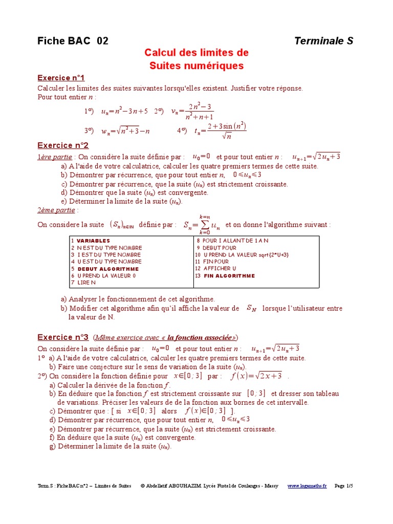 Limites de Suites Numériques - Fiche BAC 2 | PDF | Limite ...
