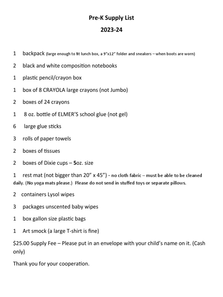 PreK Supply List 20232024 PDF