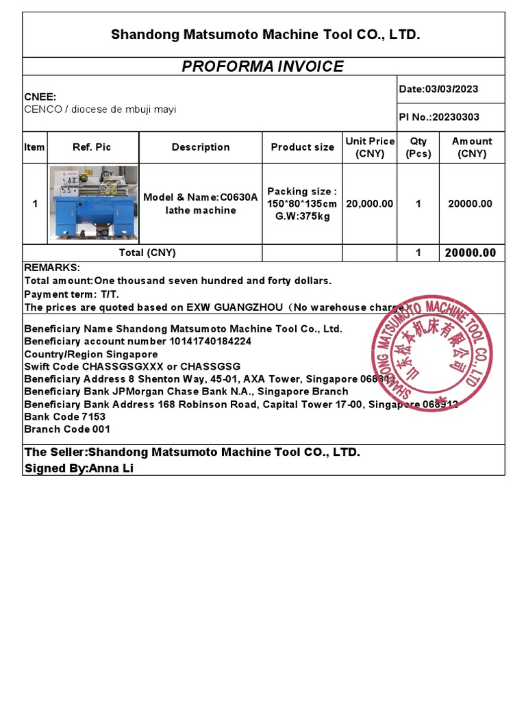 Invoice for C0630 Lathe Machine | PDF