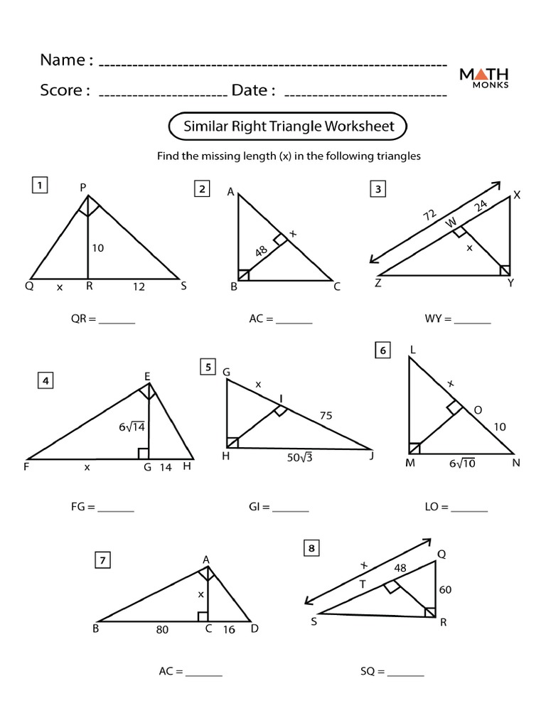 Similar Right Triangles Worksheet PDF