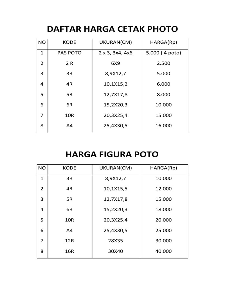 Daftar Harga Cetak Photo | PDF