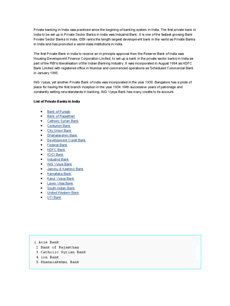 Private Banks Reserve Bank Of India Companies