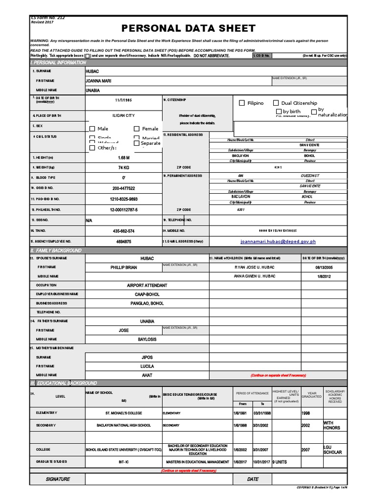 Cs form no 212 personal data sheet revised pdf