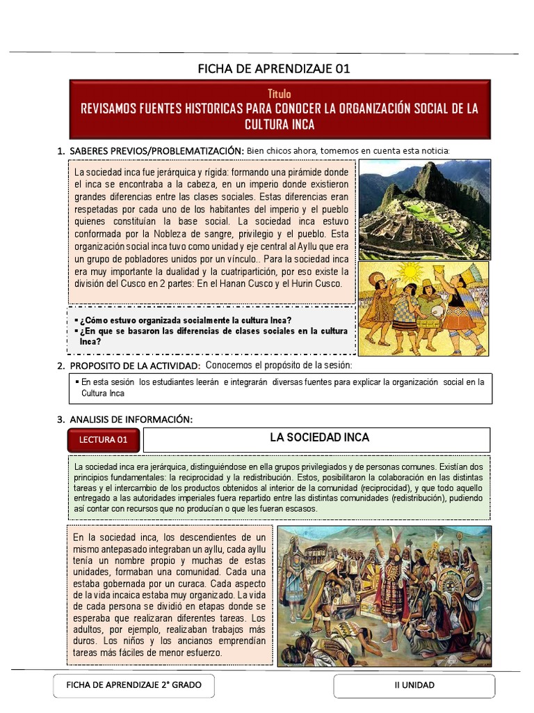 1 Ficha de Aprendizaje CCSS 2° Grado | PDF | Imperio Inca | Andes