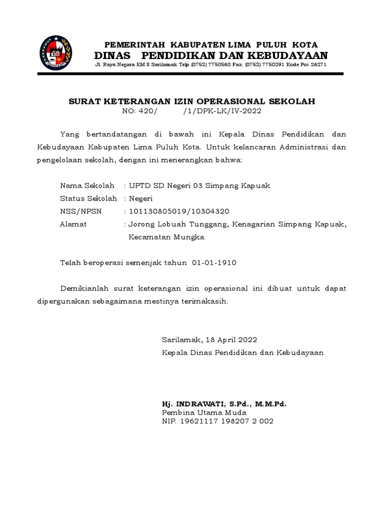 Contoh Izin Operasional Sekolah Untuk Akreditasi Pdf