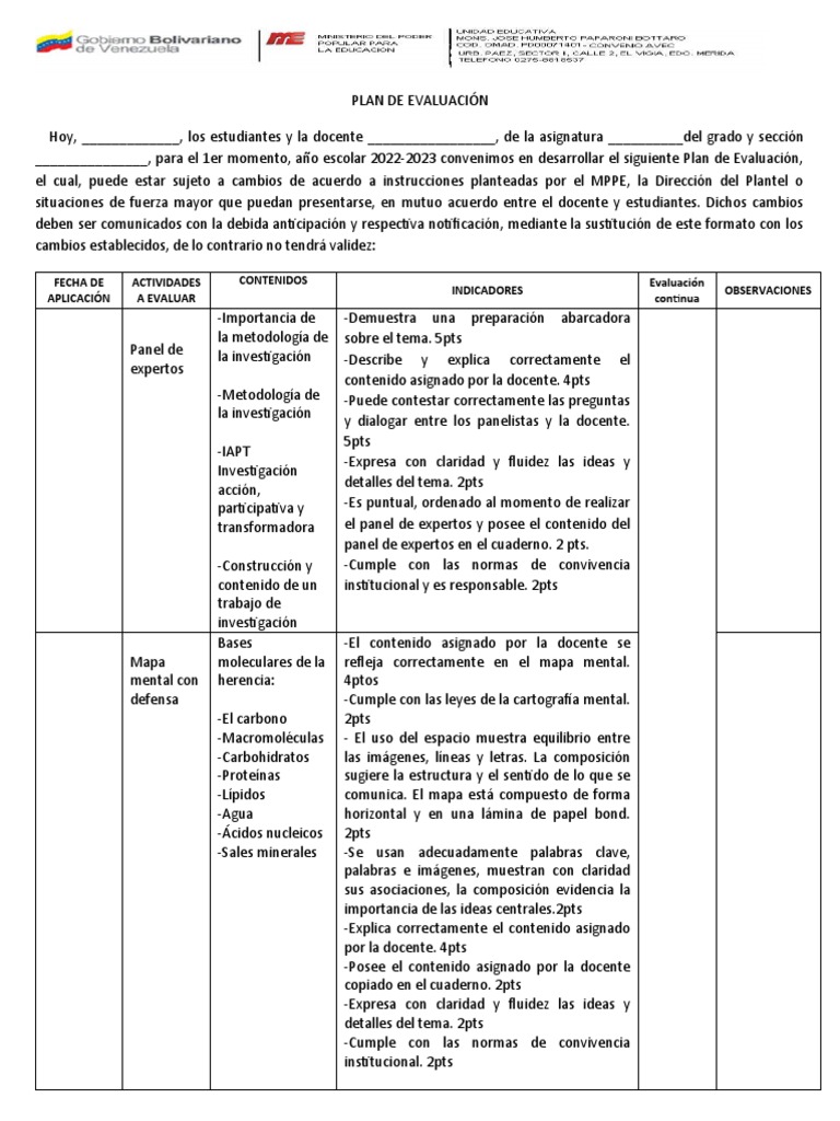 FORMATO DEL PLAN DE EVALUACIÓN (1) desiree | PDF | Ciencia cognitiva ...