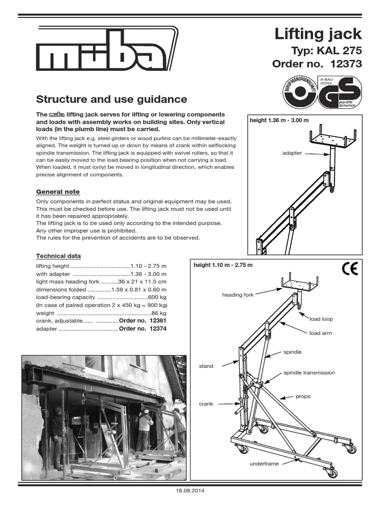 Muba Beam Lifter 600 KG Instruction Manual PDF