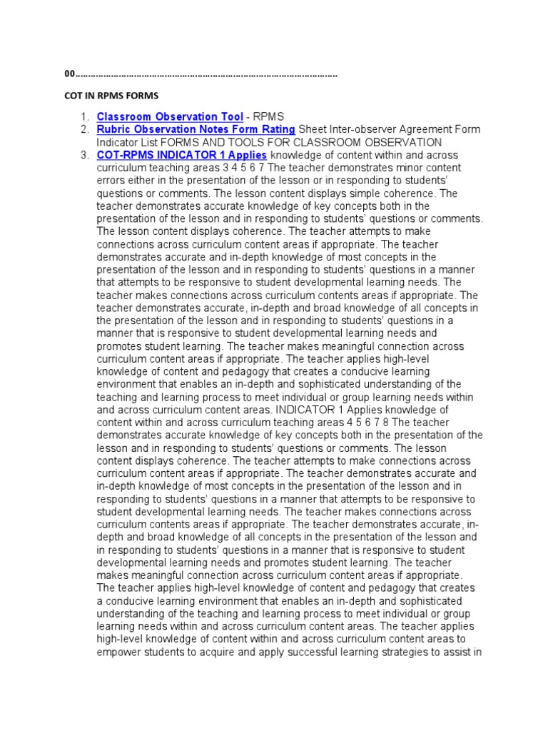 Cot in RPMS Forms PDF Educational Assessment Teachers