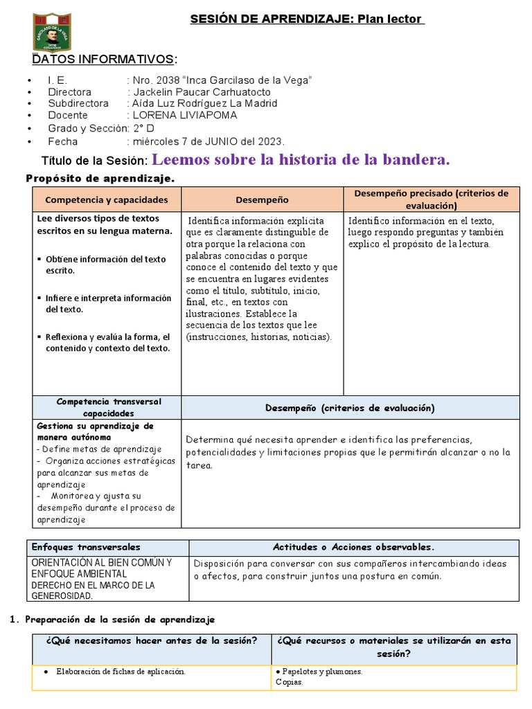Sesion de Plan Lector Dia de La Bandera Tercer Eda | PDF