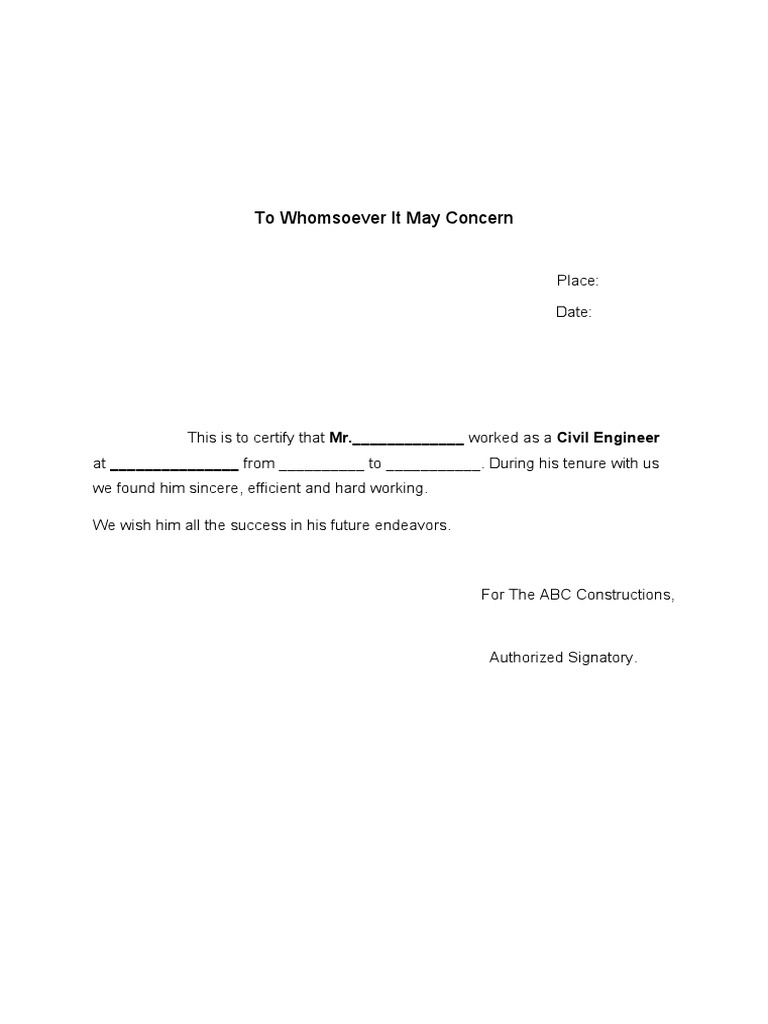 Civil Engineer Experience Certificate Format 1 PDF