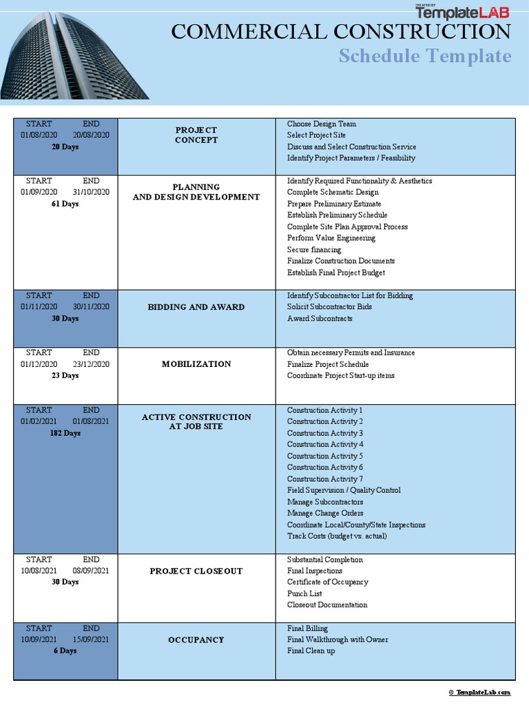 Commercial Construction: Schedule Template PDF Engineering