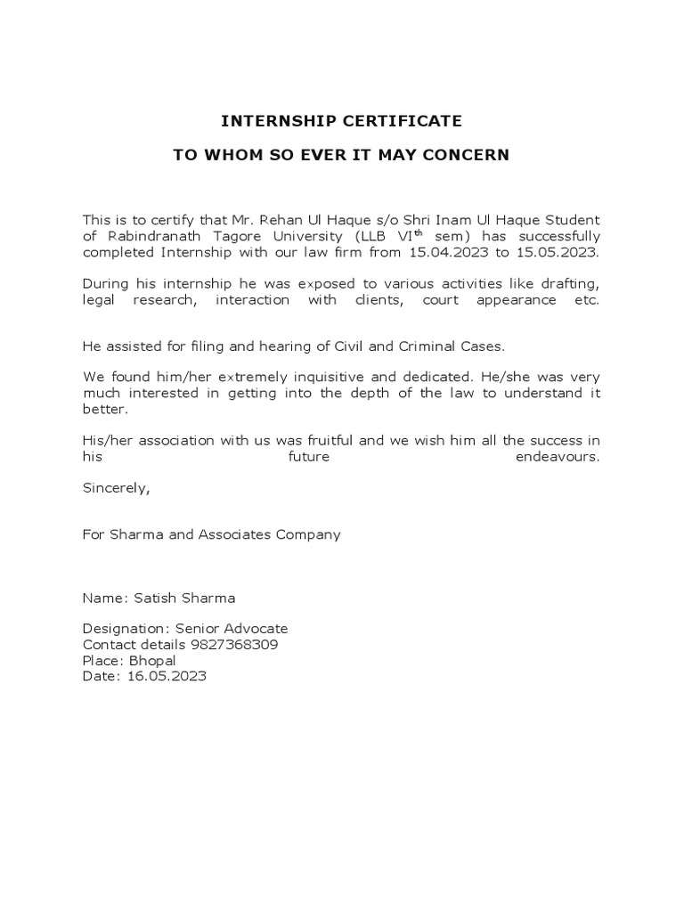 Law Internship Certificate for Rehan Haque | PDF