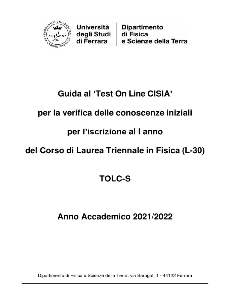 Guida TOLCS 2021 22 Fisica Corretto PDF