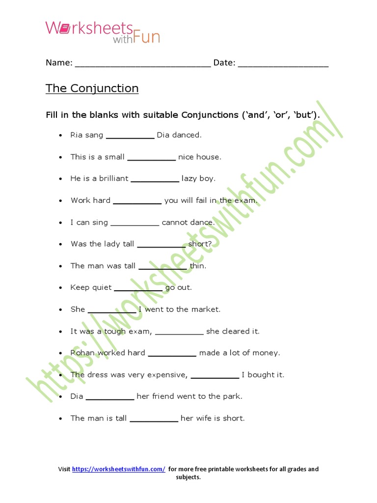 Conjunction Worksheet | Words That Join Together Worksheet – IFWB