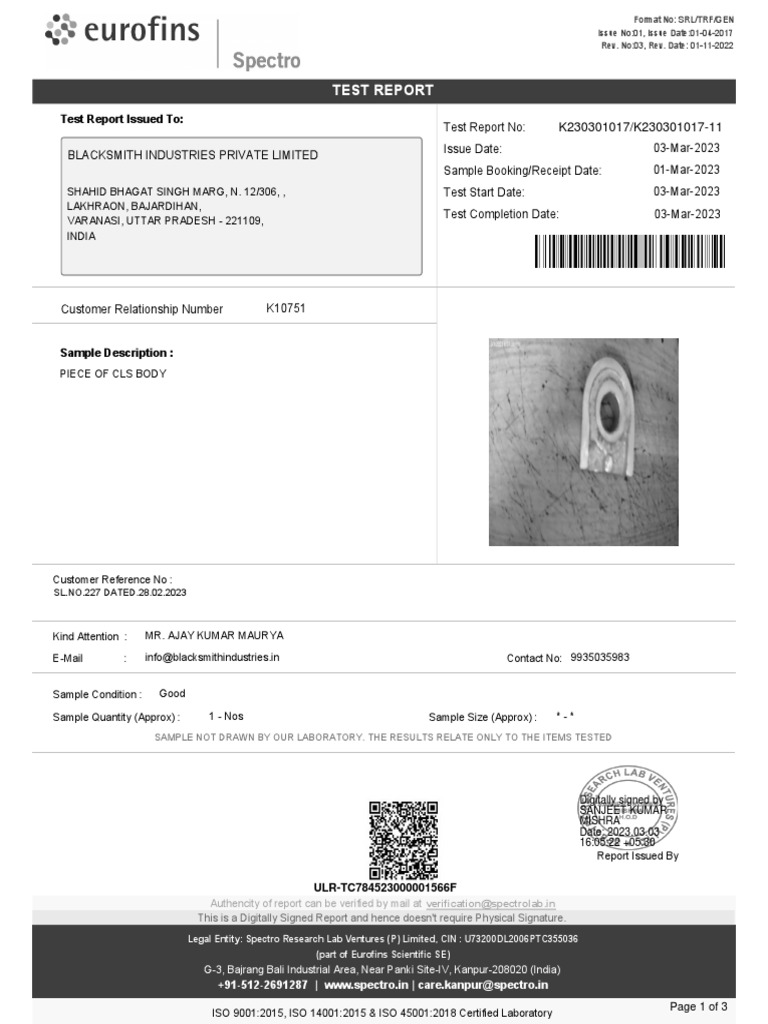 NABL Test Report for CLSBody PDF Indemnity Legal Liability