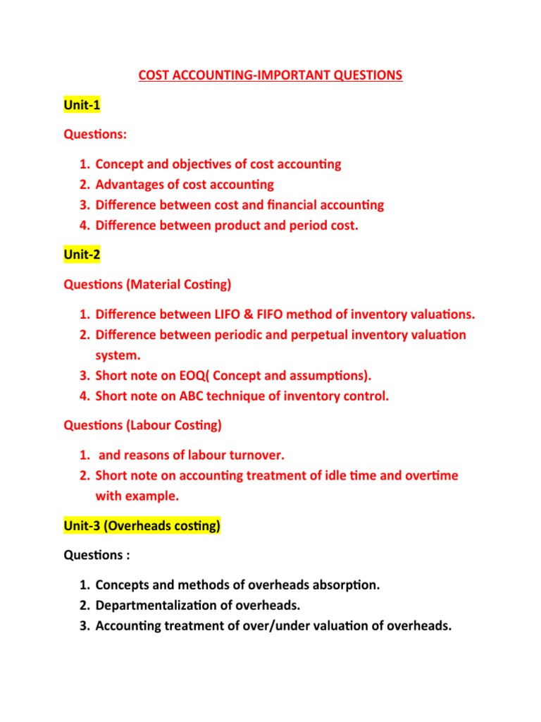 Cost Accounting Important Questions PDF