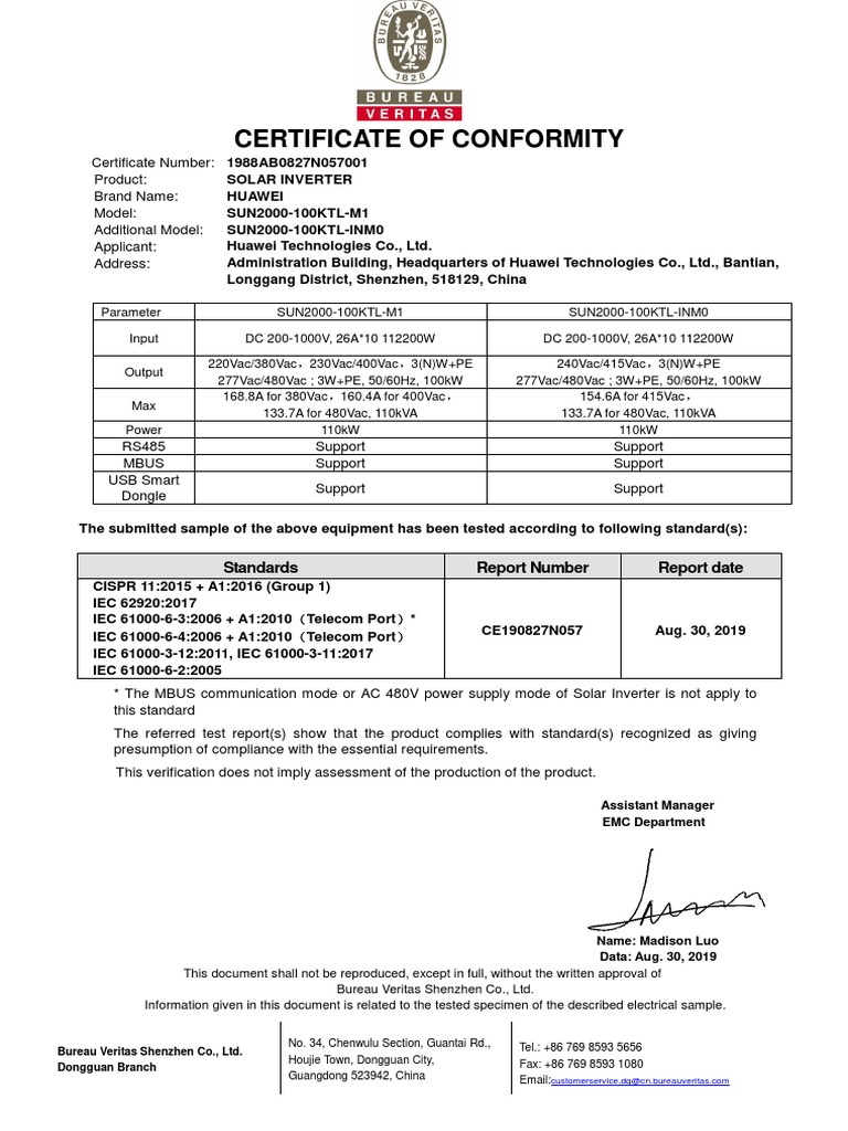 Huawei SUN2000 Inverter Compliance Cert | PDF | International ...