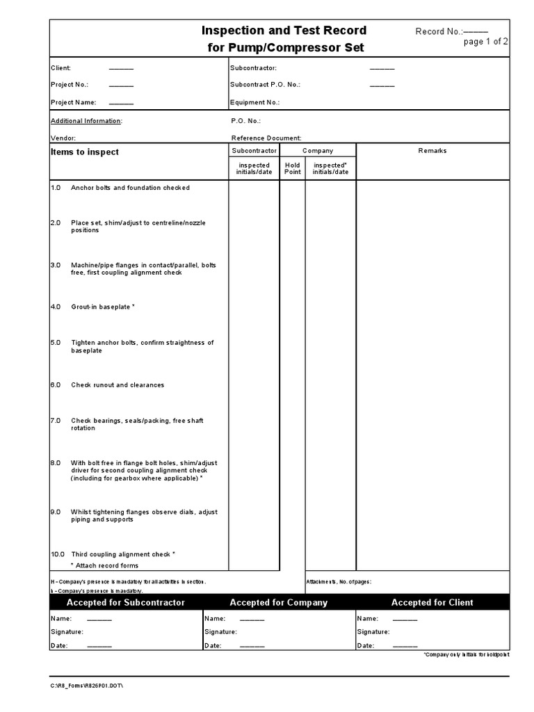Pump/Compressor Inspection Record | PDF | Pump | Tools