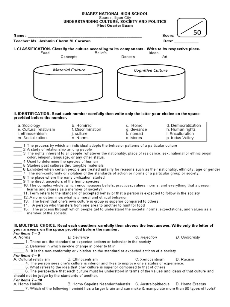 UCSP Grade 12 First Quarter Exam | PDF | Anthropology | Society