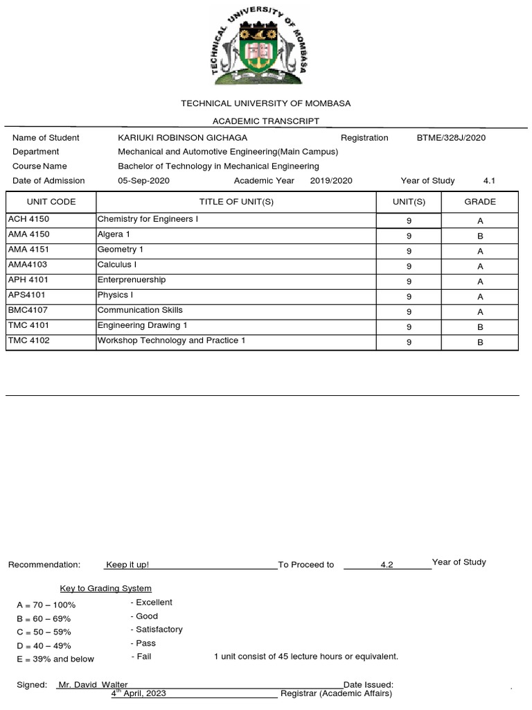 Academic Transcript: Mechanical Engineering | PDF