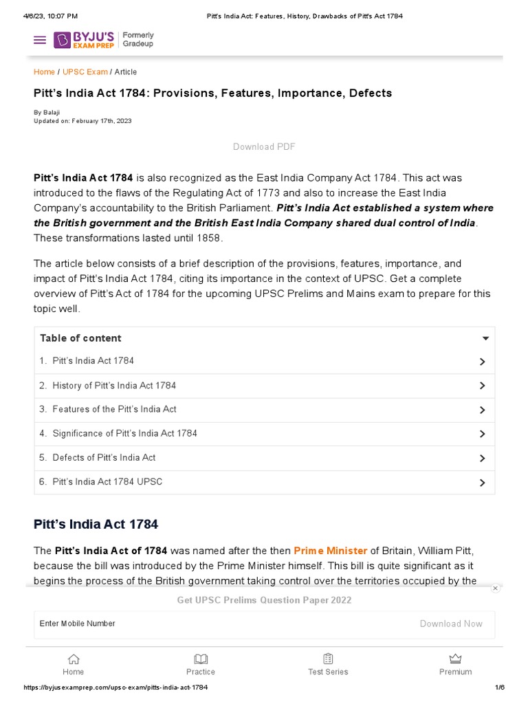 Pitt’s India Act_ Features, History, Drawbacks of Pitt's Act 1784 PDF