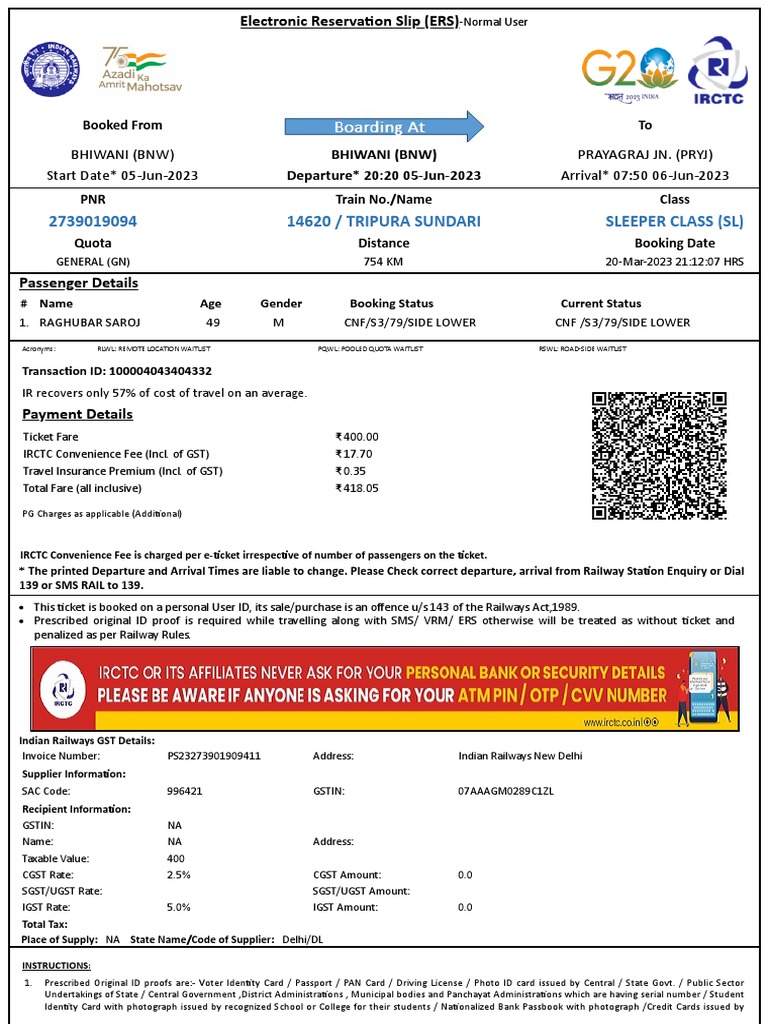Indian Railways Ticket Details | PDF | Identity Document | Payments