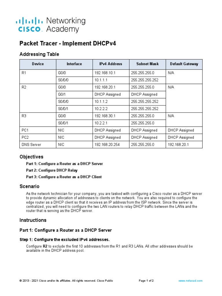 7 4 1 packet tracer implement dhcpv4 pdf router computing
