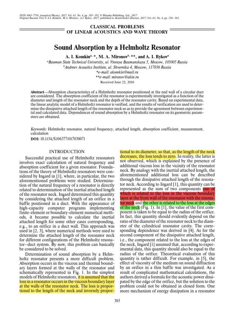 Sound Absorption by A Helmholtz Resonator | PDF