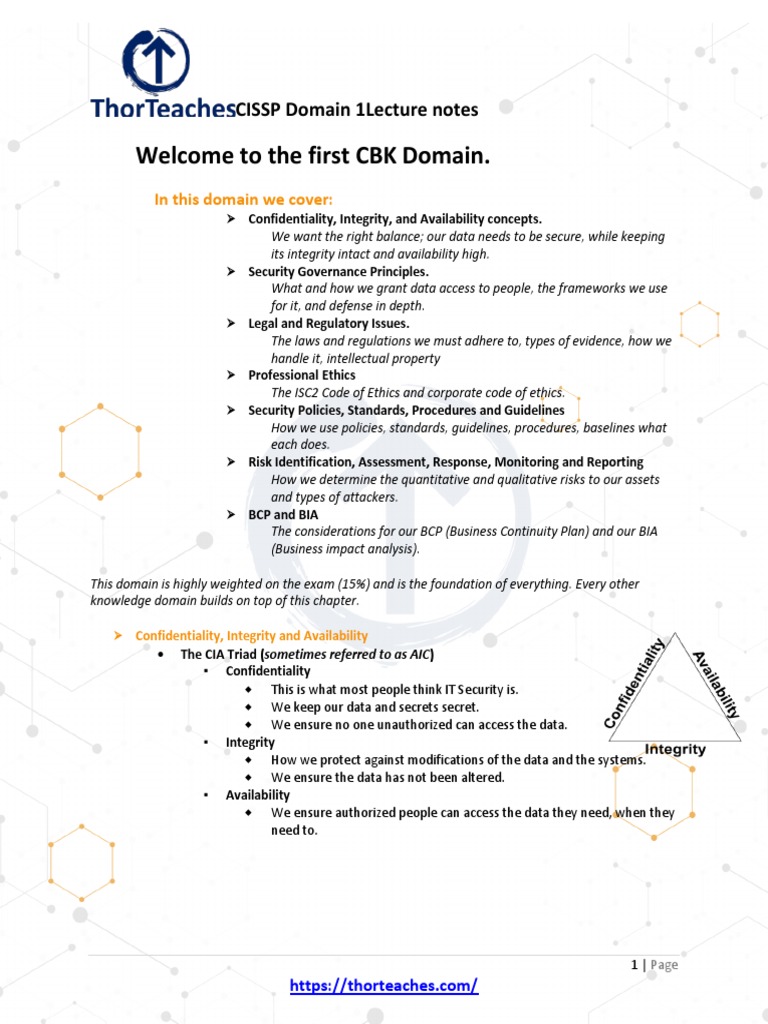 2023+CISSP+Domain+1+Study+Guide+by+ThorTeaches Com+v3 1 | PDF