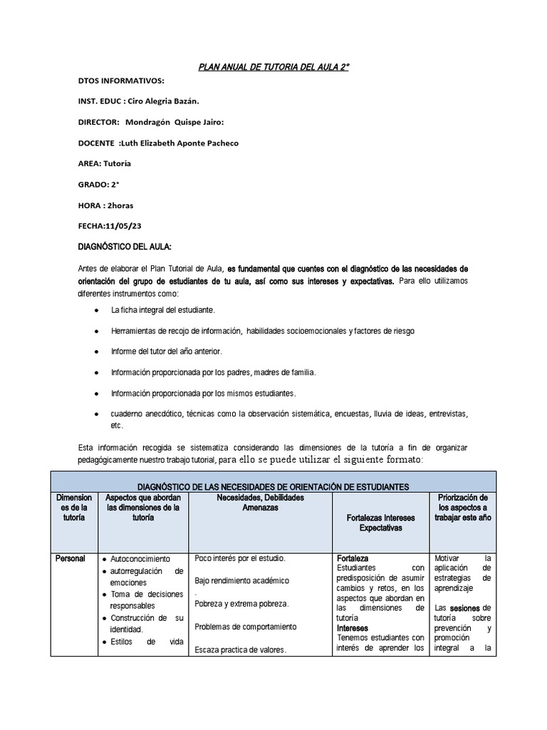004 Plan Tutorial Aula (Pta) | PDF | Salón de clases | Comportamiento