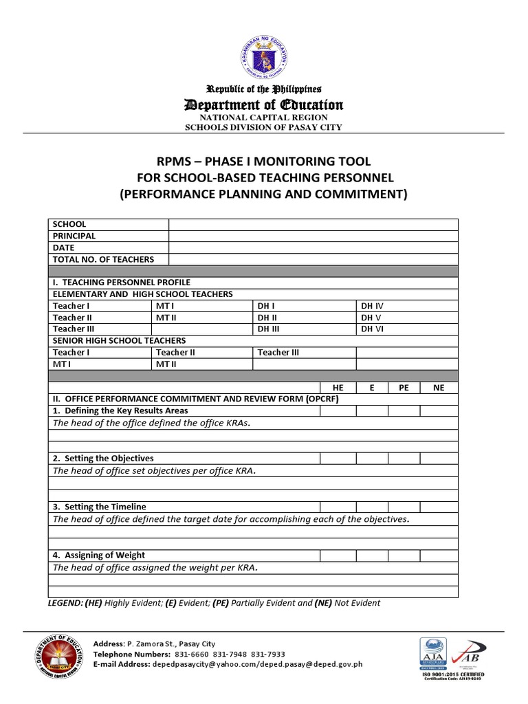 RPMS Monitoring Tool for Teachers | PDF