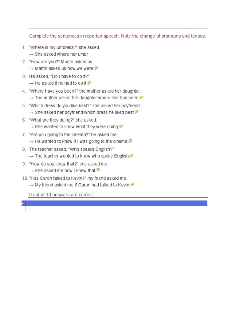 Complete the sentences in reported speech pdf