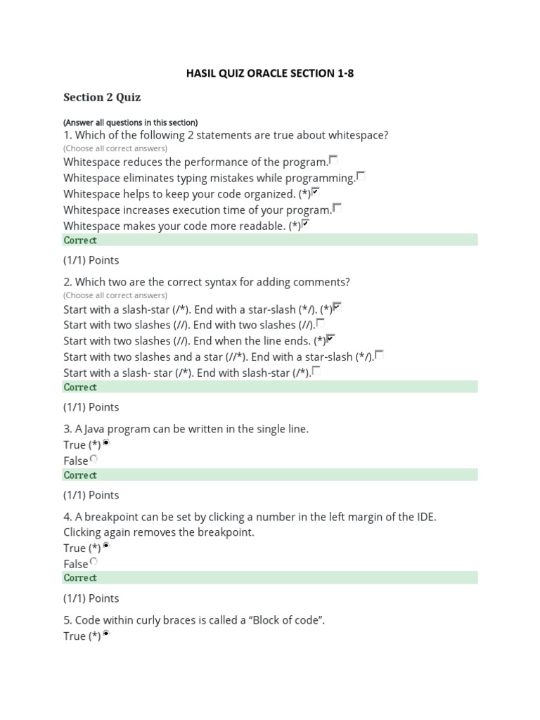 Oracle Quiz Results: Java Programming | PDF