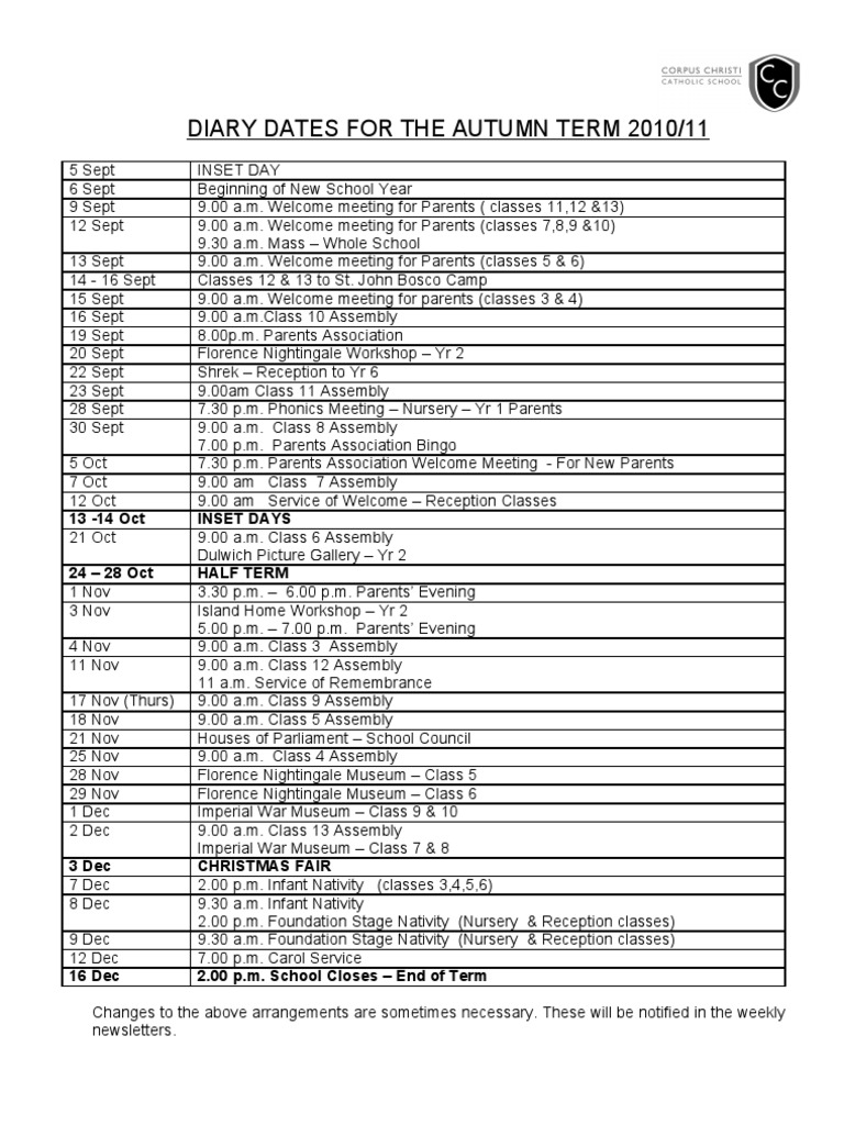 Autumn Term 2010/11 School Diary Dates | PDF