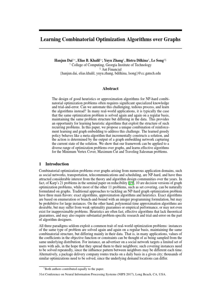 NIPS 2017 Learning Combinatorial Optimization Algorithms Over Graphs ...