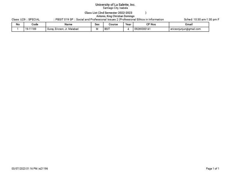 Class List for BSIT 2nd Semester 2022-2023 | PDF