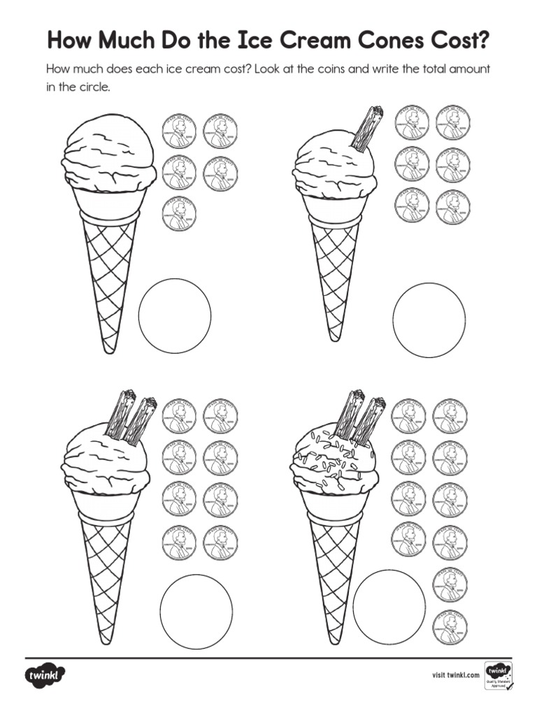 Black and White How Much Do The Ice Cream Cones Cost Counting Money Activity PDF