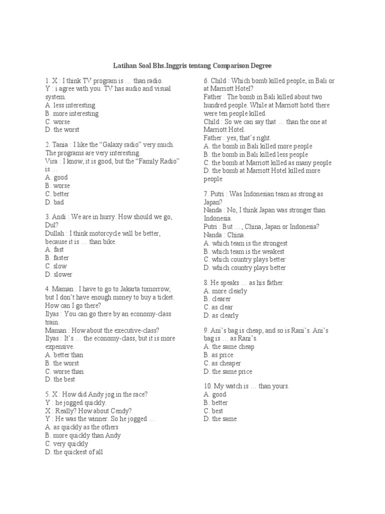 Latihan soal degrees of comparison soal pilihan ganda degree