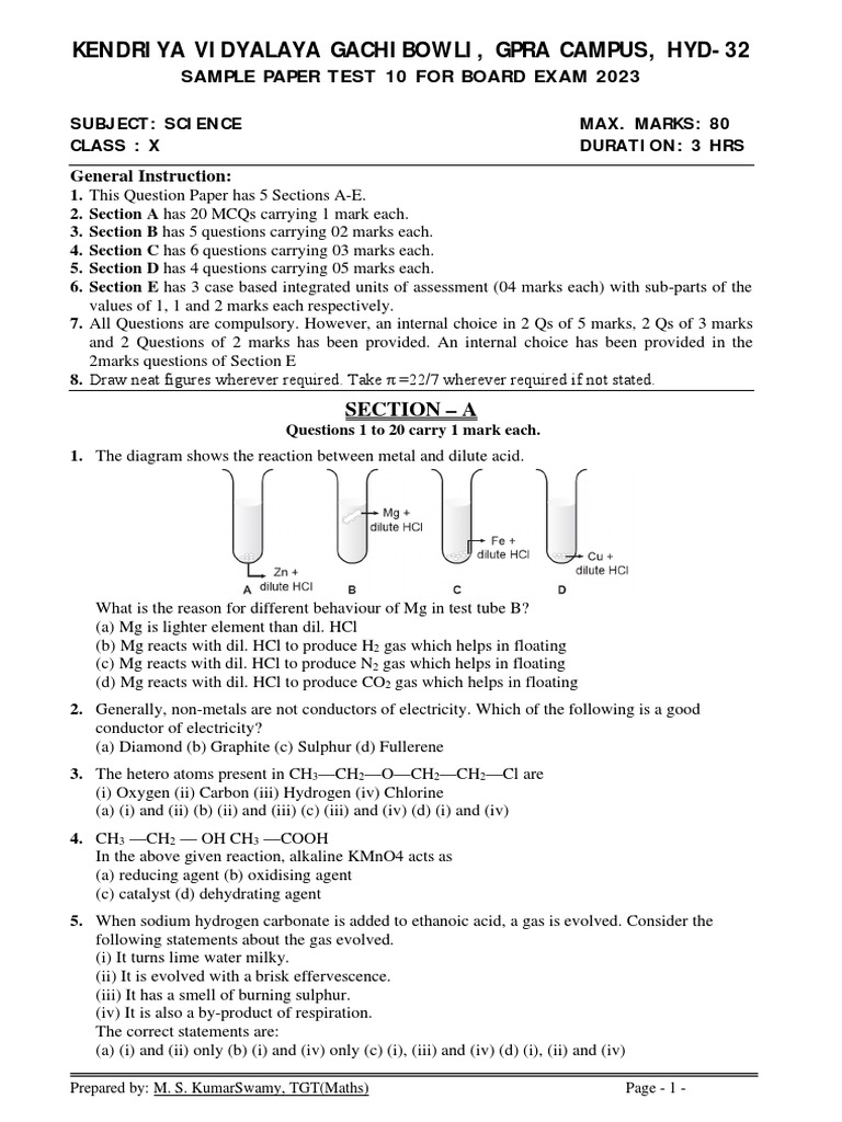 Science Class X Sample Paper Test 10 For Board Exam 2023 PDF